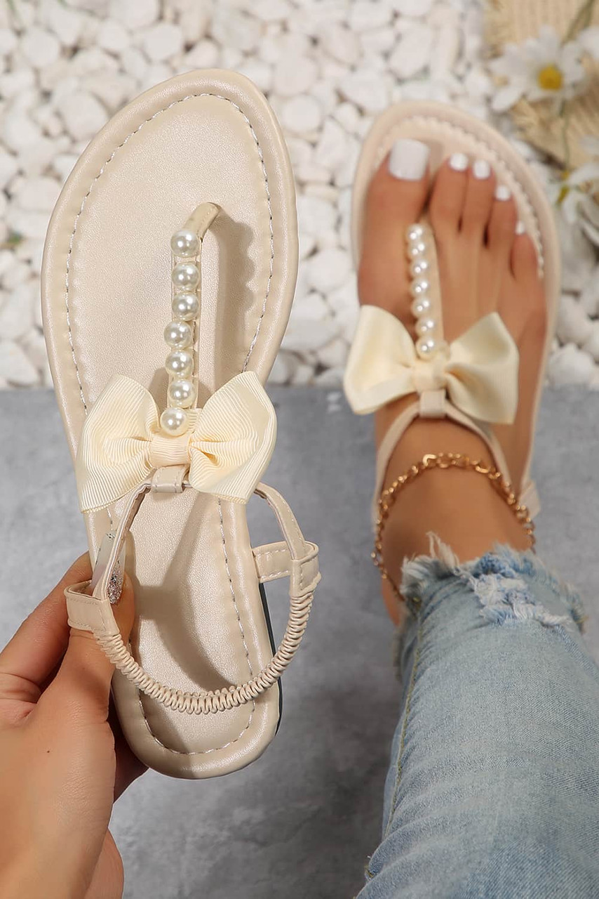Beige Cute Bowknot Pearl Embellished T-strap Sandals
