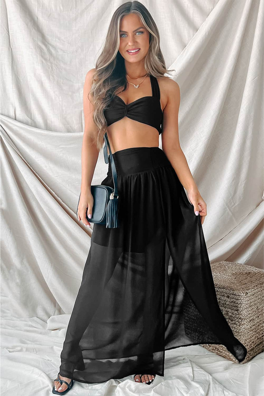 Black Shirred High Waist Chiffon Split Beach Maxi Skirt