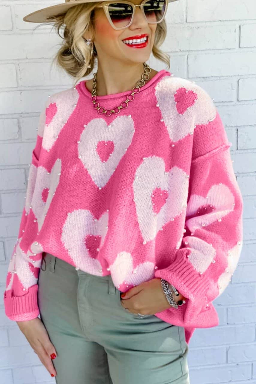 Bonbon Pearl Beaded Heart Drop Shoulder Sweater Bonbon Pearl Beaded Heart Drop Shoulder Sweater