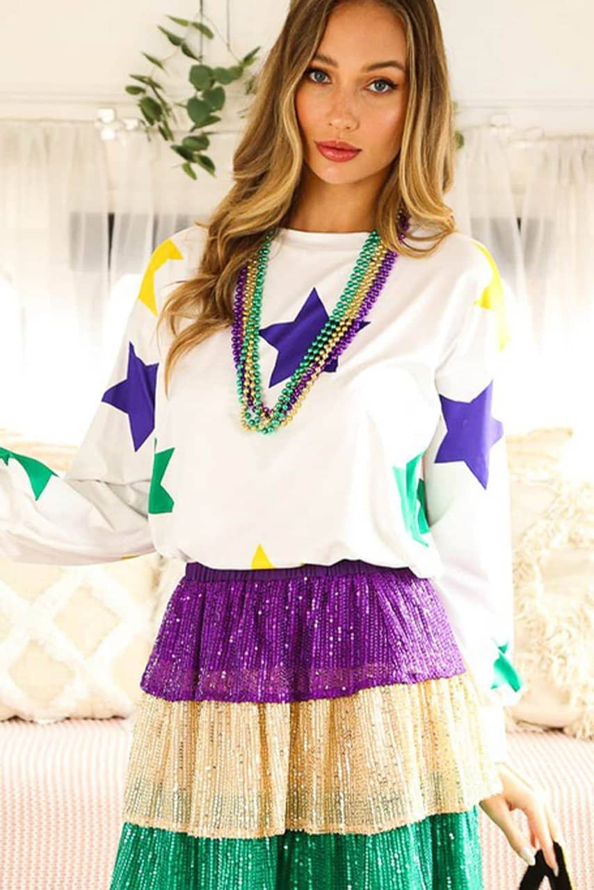 White Mardi Gras Star Printed Long Sleeve Top White Mardi Gras Star Printed Long Sleeve Top