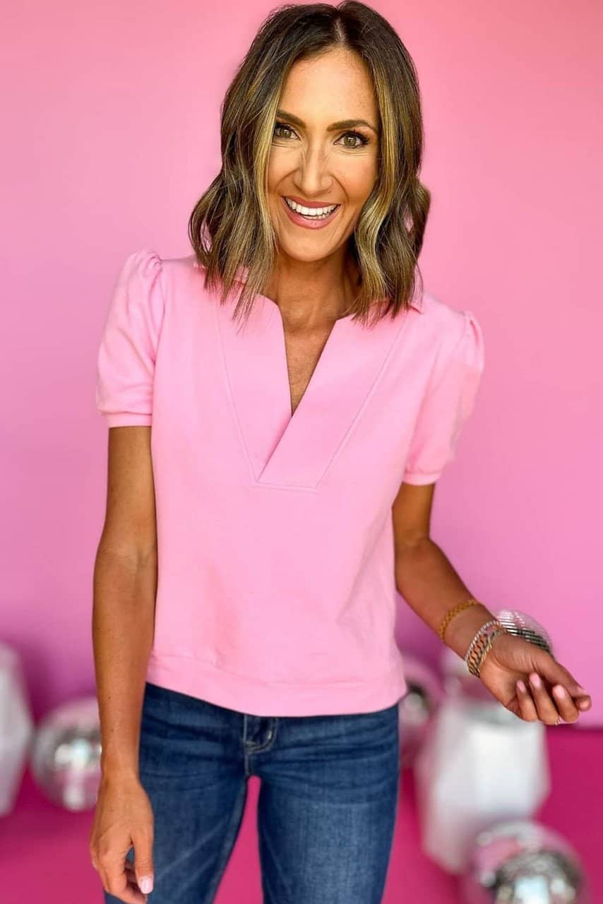 Pink Collared V Neck Puff Sleeve T-shirt Pink Collared V Neck Puff Sleeve T-shirt