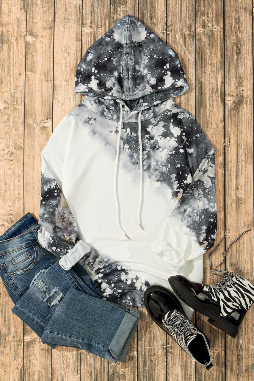 Gray Bleached Tie Dye Kangaroo Pocket Drawstring Hoodie de