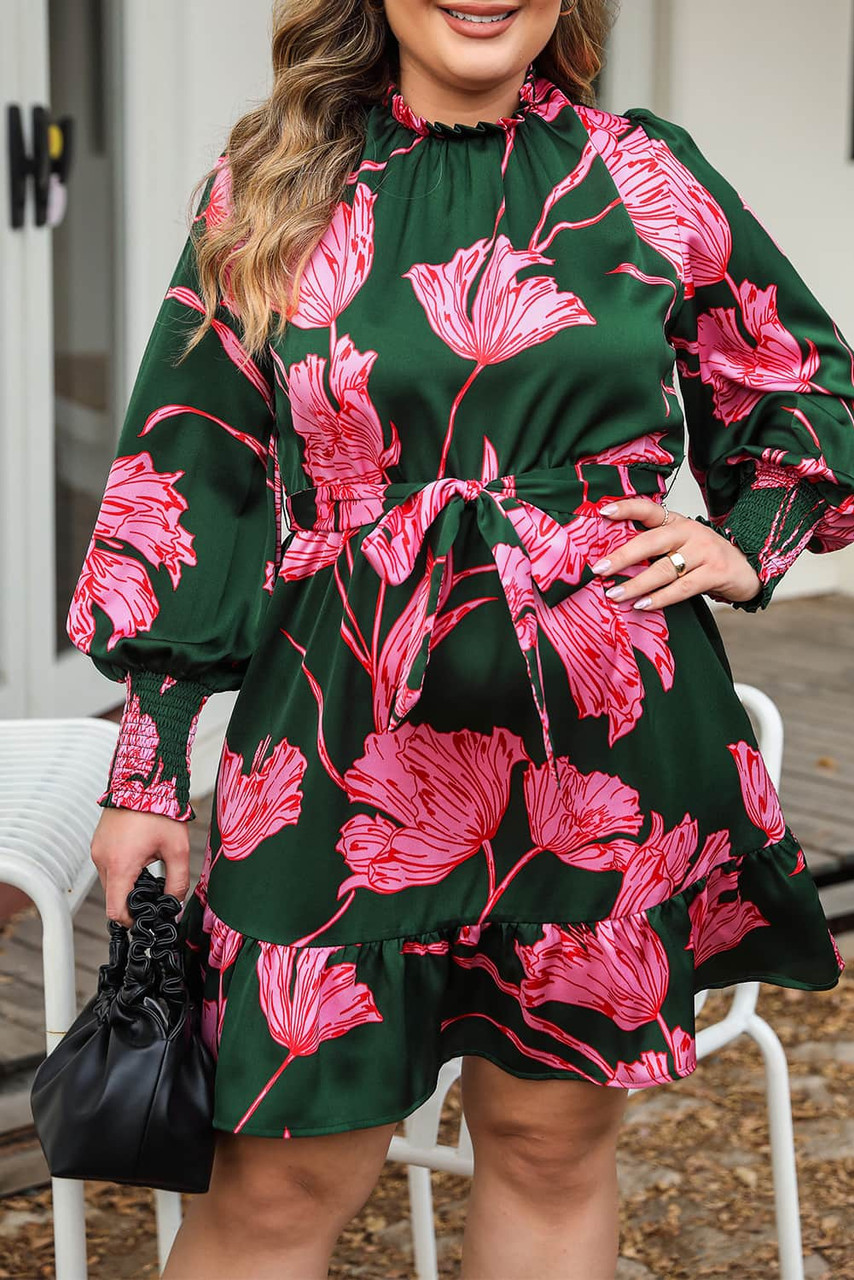 Green Plus Size Shirred Bracelet Sleeve Ruffled Floral Dress