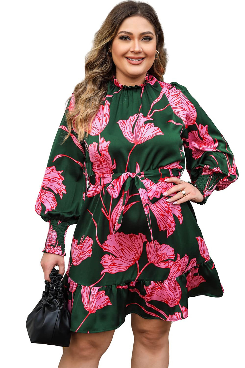 Green Plus Size Shirred Bracelet Sleeve Ruffled Floral Dress