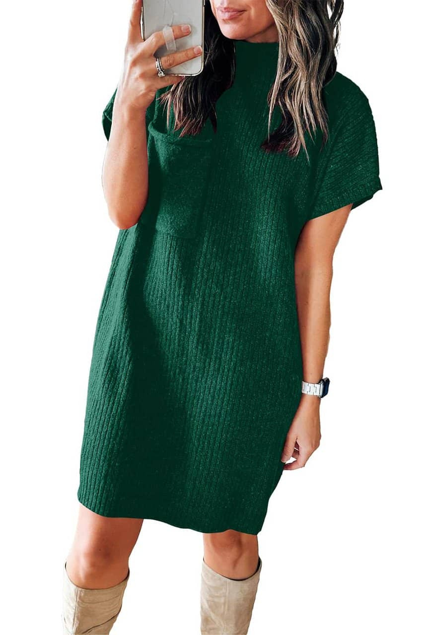 Blackish Green Patch Pocket Ribbed Knit Short Sleeve Sweater Dress Blackish Green Patch Pocket Ribbed Knit Short Sleeve Sweater Dress