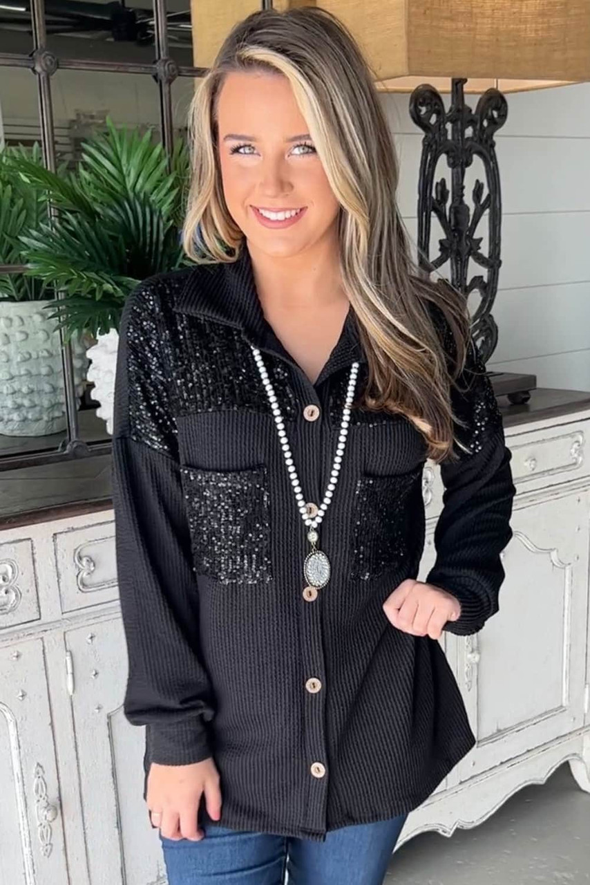 Black Sequin Patch Chest Pocket Corded Shacket