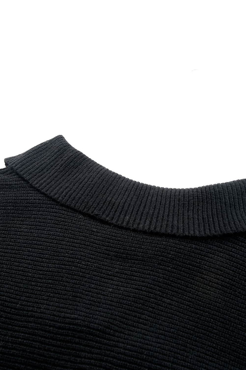 Black Ribbed Knit Lapel Neck Curvy Sweater