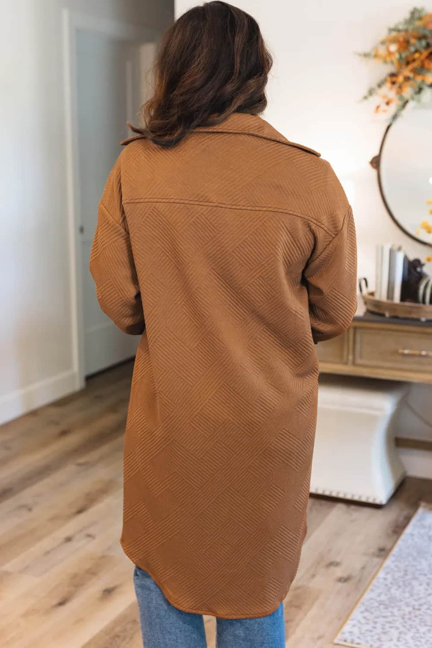 Chestnut Solid Color Textured Chest Pockets Midi Shacket