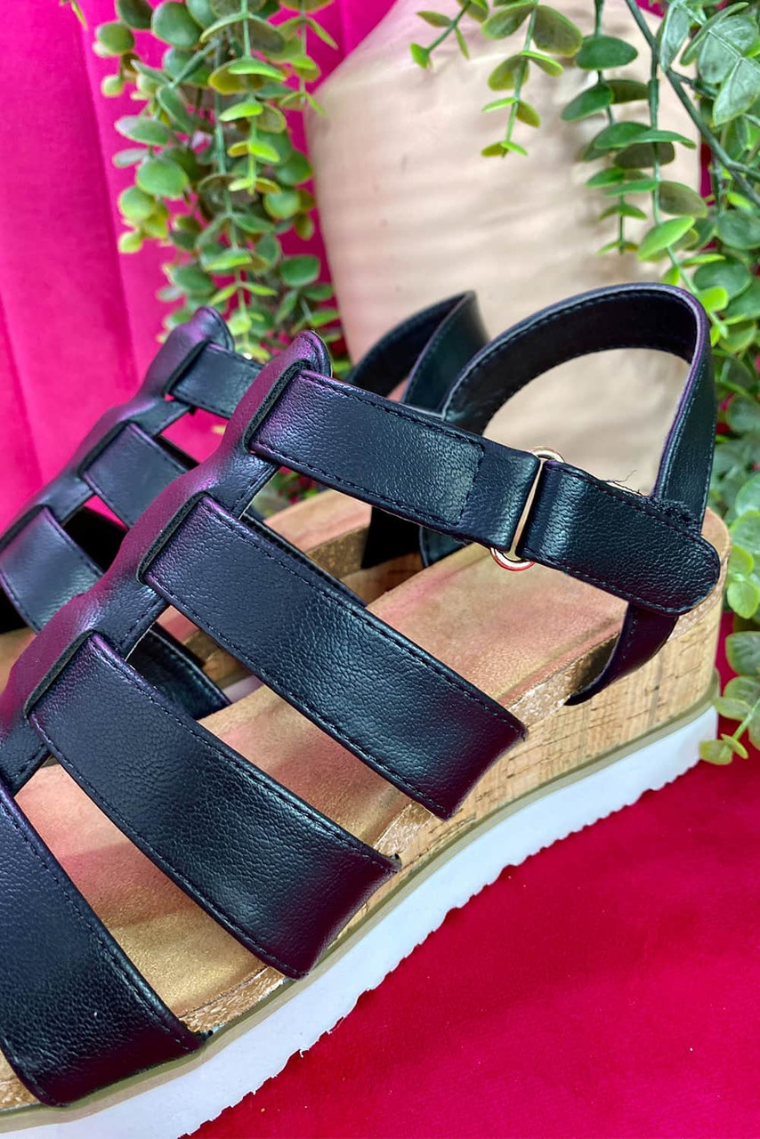 Black Hollowed PU Leather Straps Wedge Sandals