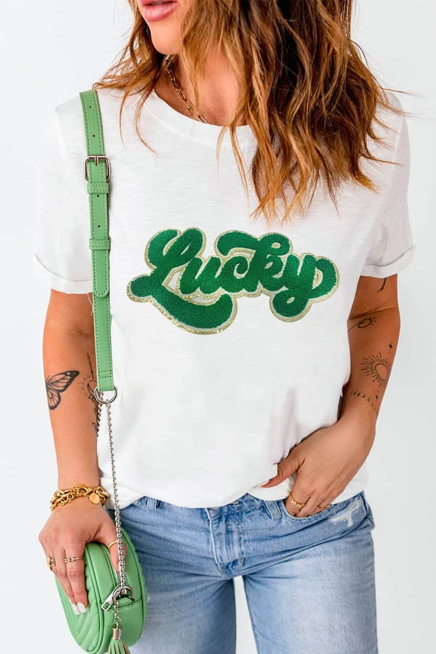 White St. Patrick Lucky Chenille Glitter Patched Graphic T Shirt White St. Patrick Lucky Chenille Glitter Patched Graphic T Shirt