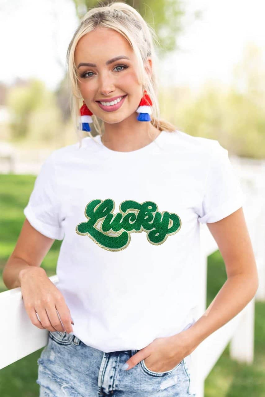 White St. Patrick Lucky Chenille Glitter Patched Graphic T Shirt White St. Patrick Lucky Chenille Glitter Patched Graphic T Shirt