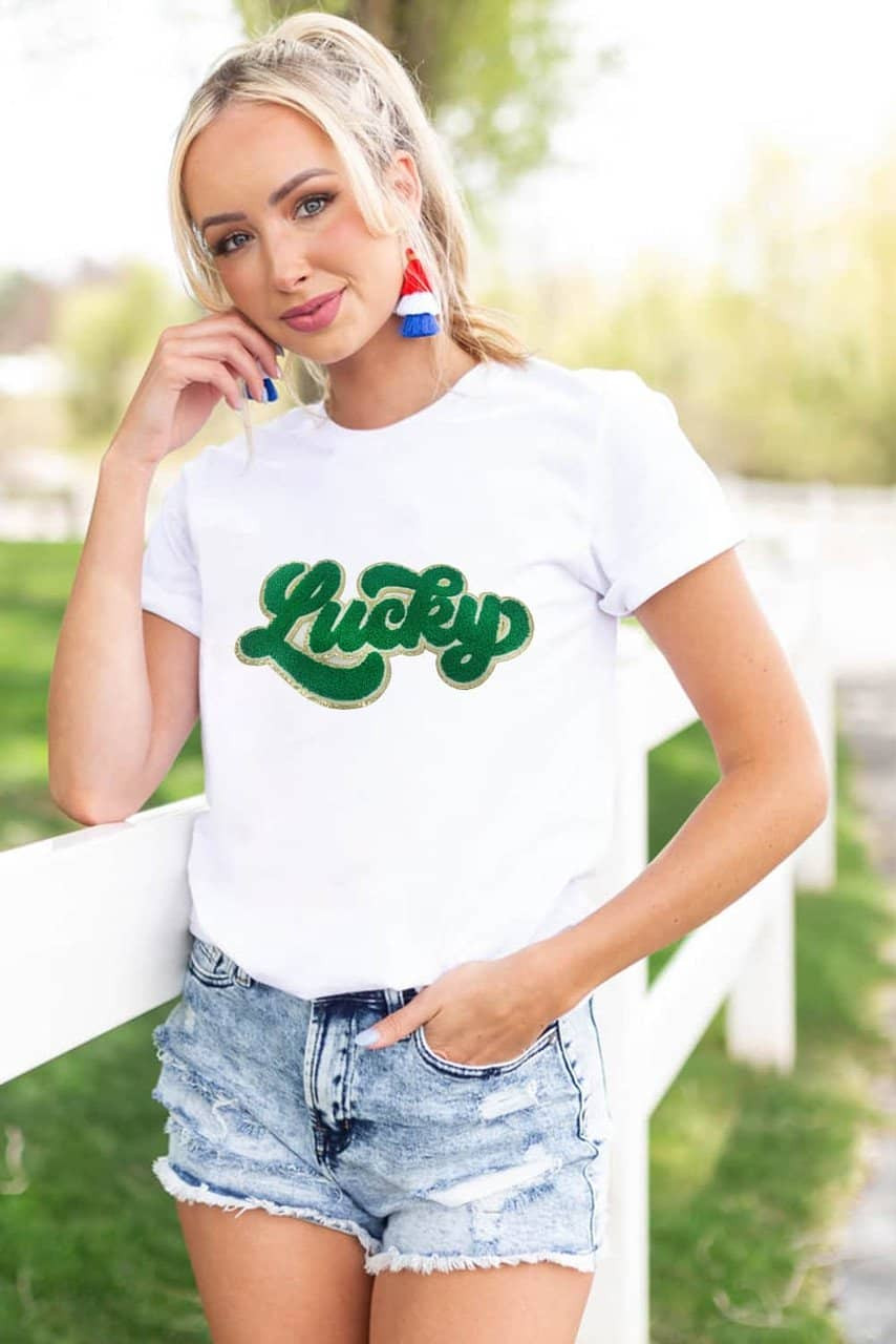 White St. Patrick Lucky Chenille Glitter Patched Graphic T Shirt White St. Patrick Lucky Chenille Glitter Patched Graphic T Shirt