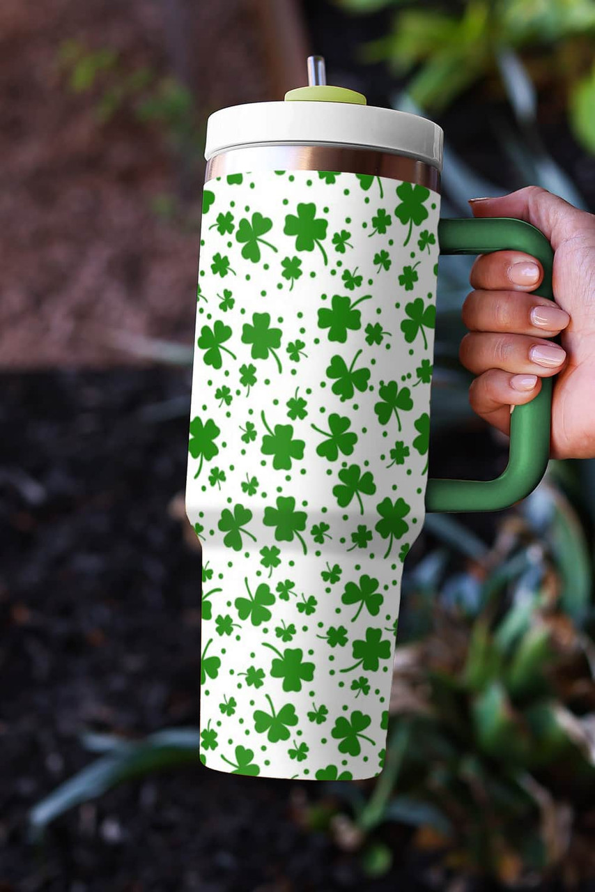 Dark Green Clover Print Thermos Cup with Handle 1200ml Dark Green Clover Print Thermos Cup with Handle 1200ml