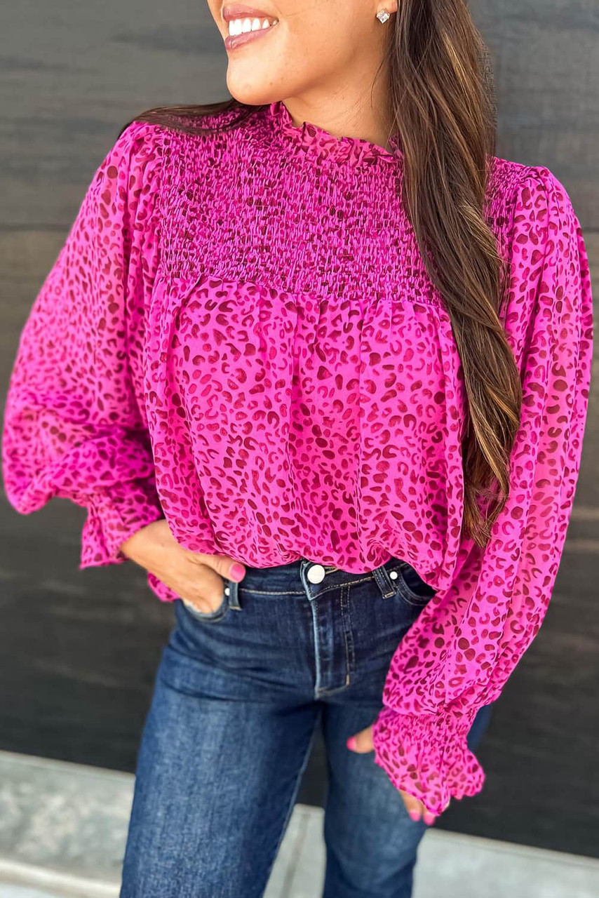 Rose Leopard Shirred Puff Sleeve Flowy Blouse