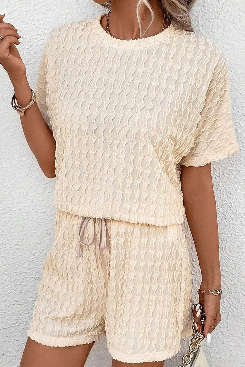 Beige Frill Textured Short Sleeve Top and Drawstring Shorts Set Beige Frill Textured Short Sleeve Top and Drawstring Shorts Set