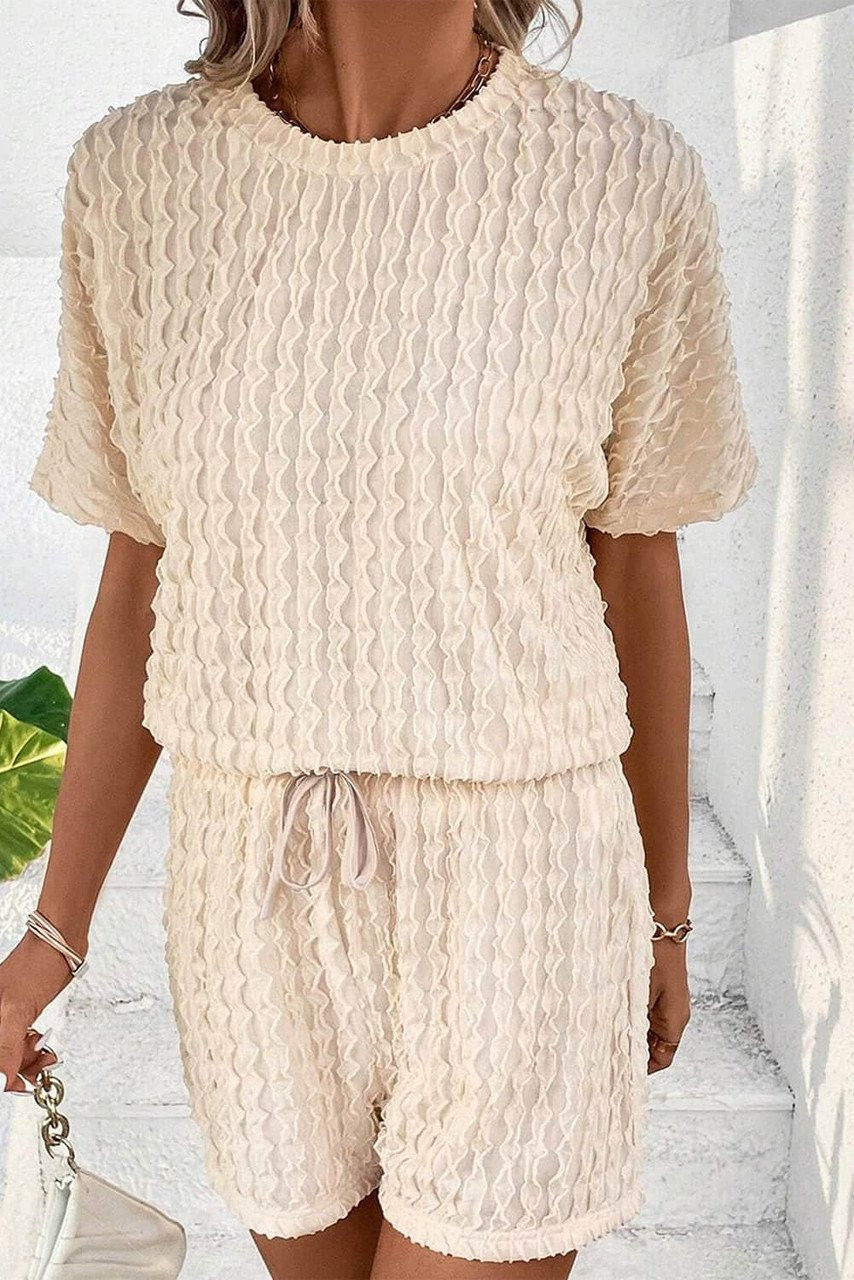 Beige Frill Textured Short Sleeve Top and Drawstring Shorts Set Beige Frill Textured Short Sleeve Top and Drawstring Shorts Set