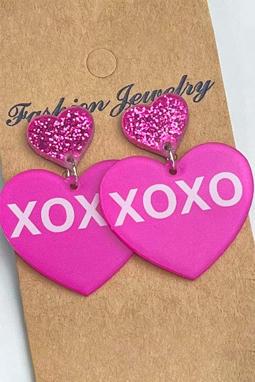 Rose Red Valentine XOXO Print Double Heart Shape Earrings