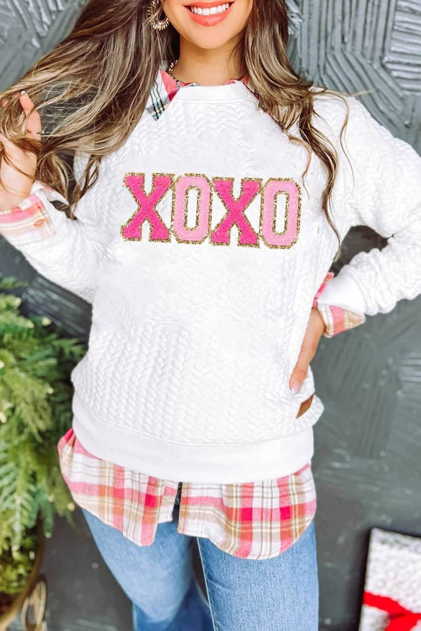 White XOXO Glitter Chenille Cable Knit Pullover Sweatshirt White XOXO Glitter Chenille Cable Knit Pullover Sweatshirt