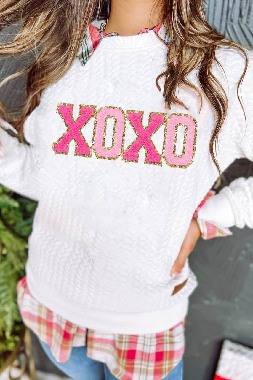 White XOXO Glitter Chenille Cable Knit Pullover Sweatshirt White XOXO Glitter Chenille Cable Knit Pullover Sweatshirt