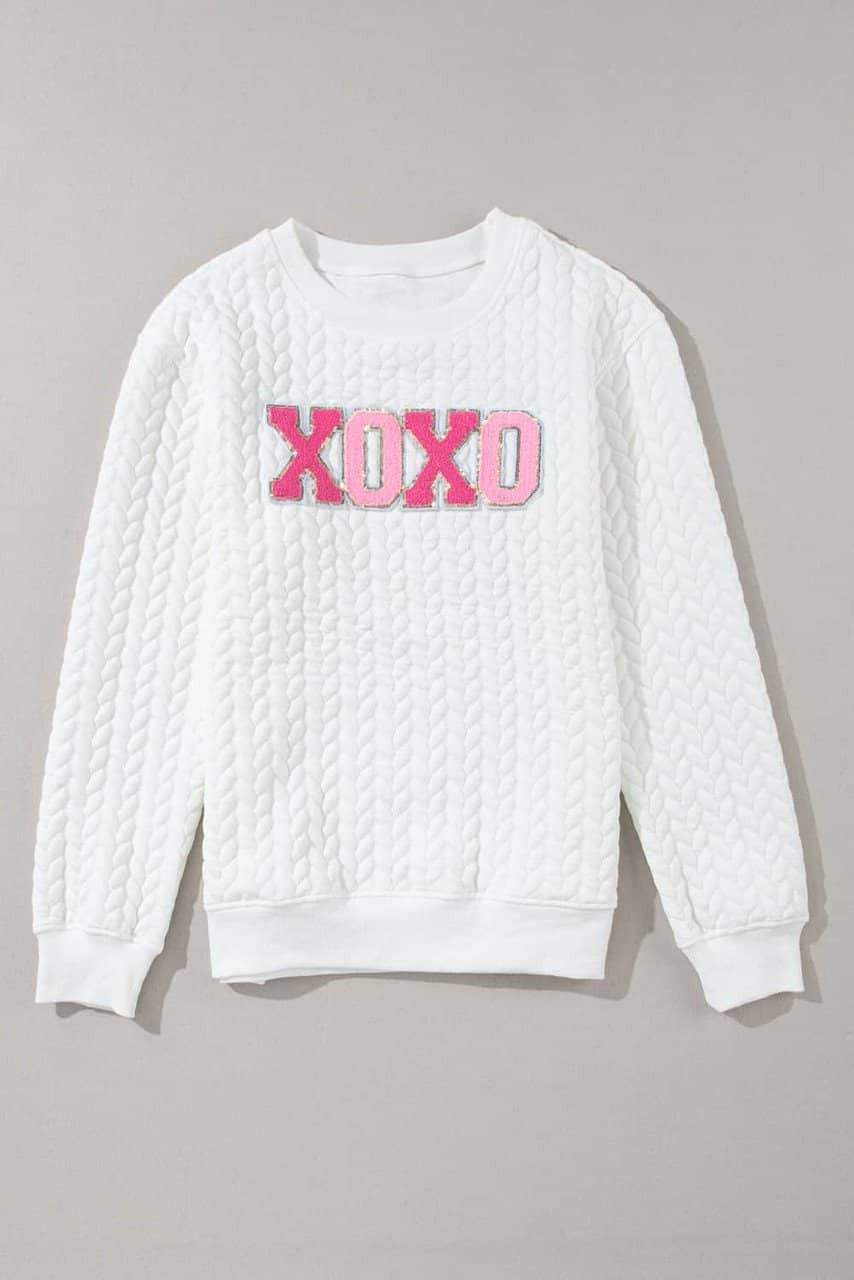 White XOXO Glitter Chenille Cable Knit Pullover Sweatshirt White XOXO Glitter Chenille Cable Knit Pullover Sweatshirt
