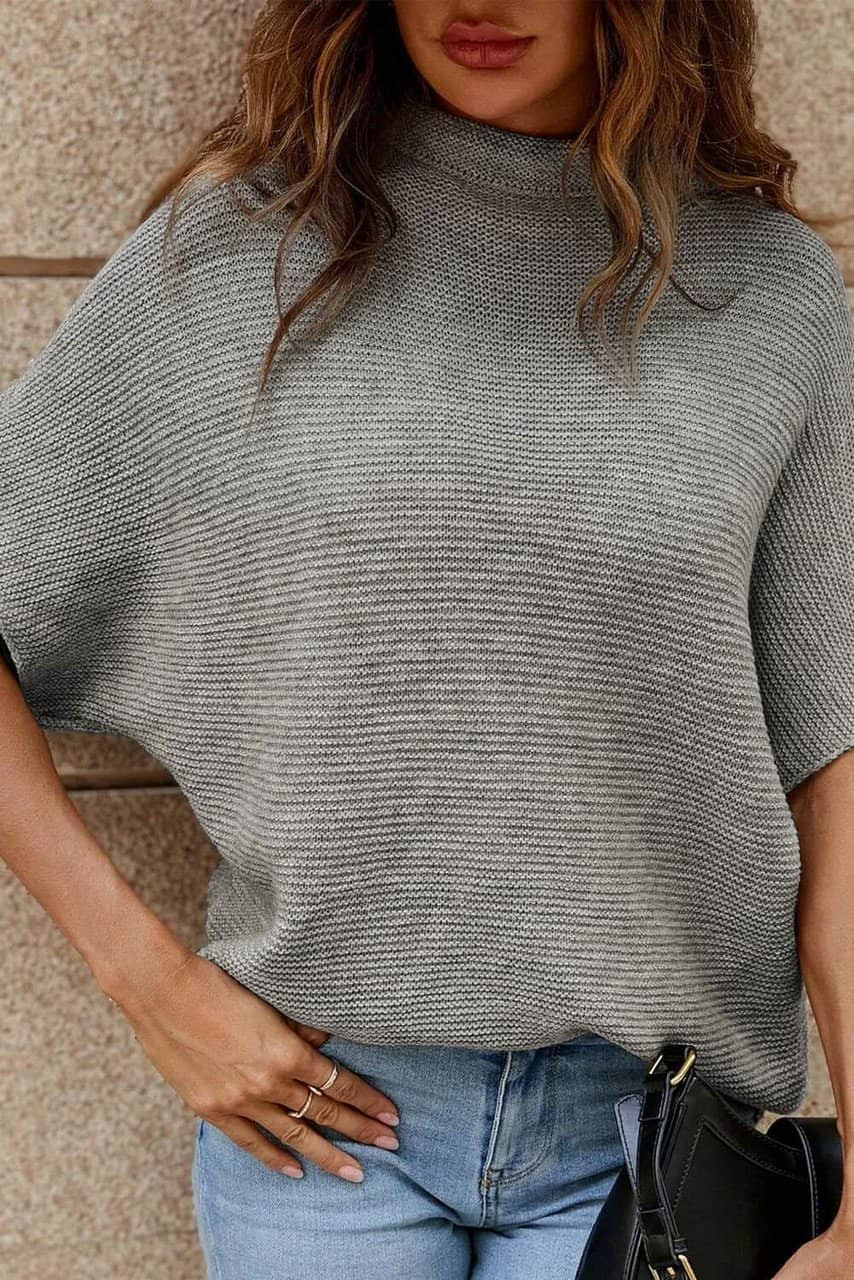 Medium Grey High Neck Short Bat Sleeve Sweater Medium Grey High Neck Short Bat Sleeve Sweater