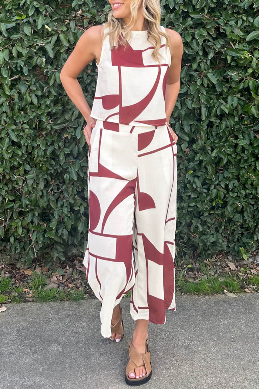 White Abstract Printed Button Back Vest and Wide Leg Pants Set