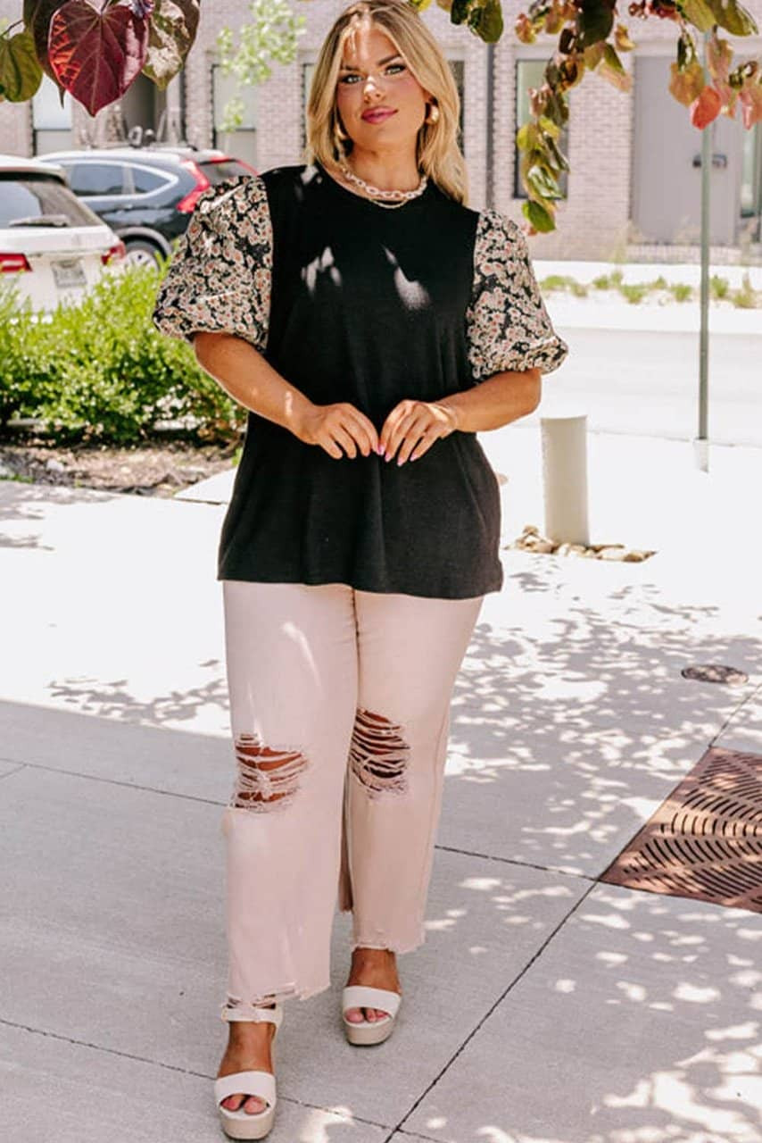 Black Daisy Printed Short Bubble Sleeve Plus Size Tunic Top Black Daisy Printed Short Bubble Sleeve Plus Size Tunic Top