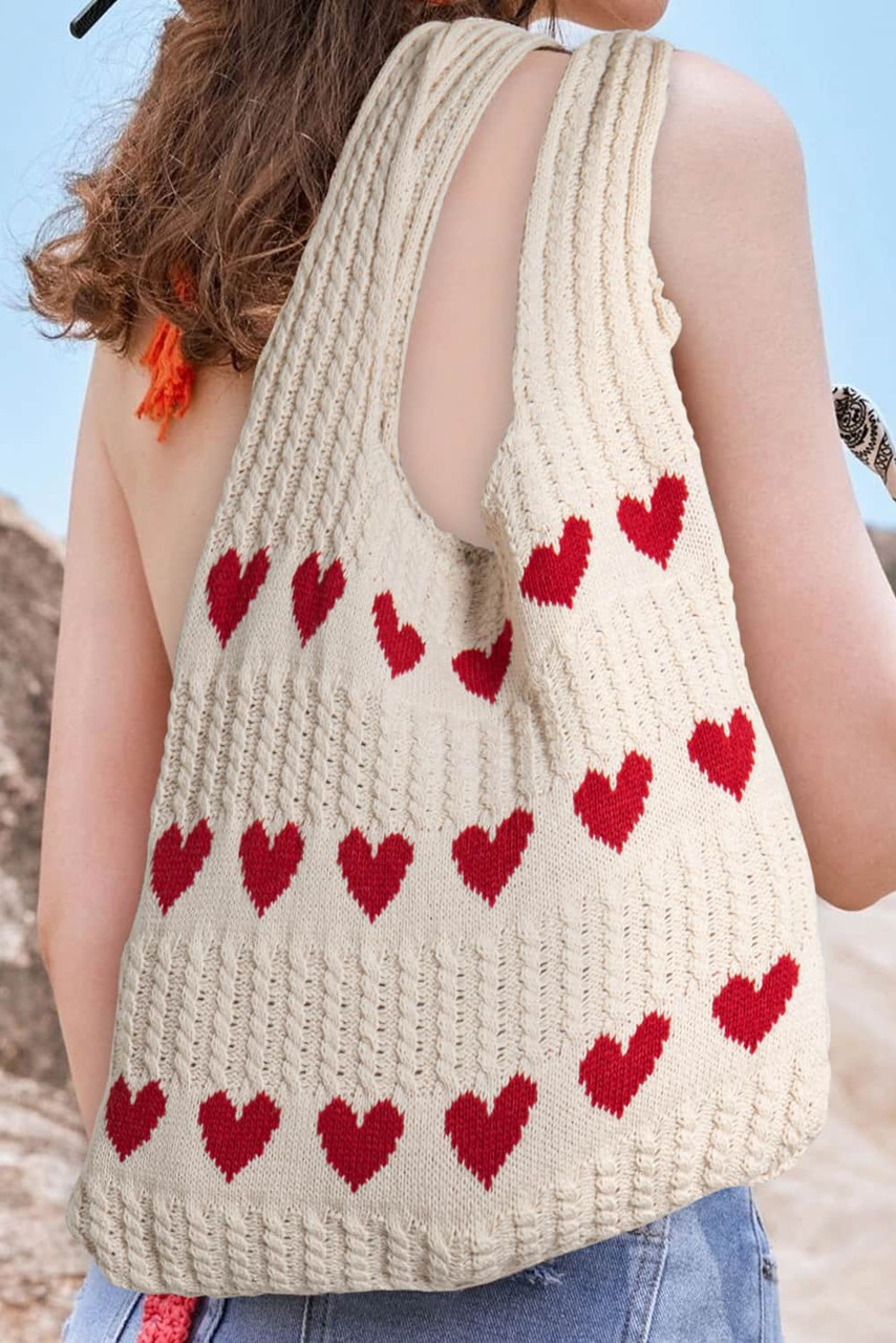 Apricot Heart Pattern Knit Large Shoulder Bag