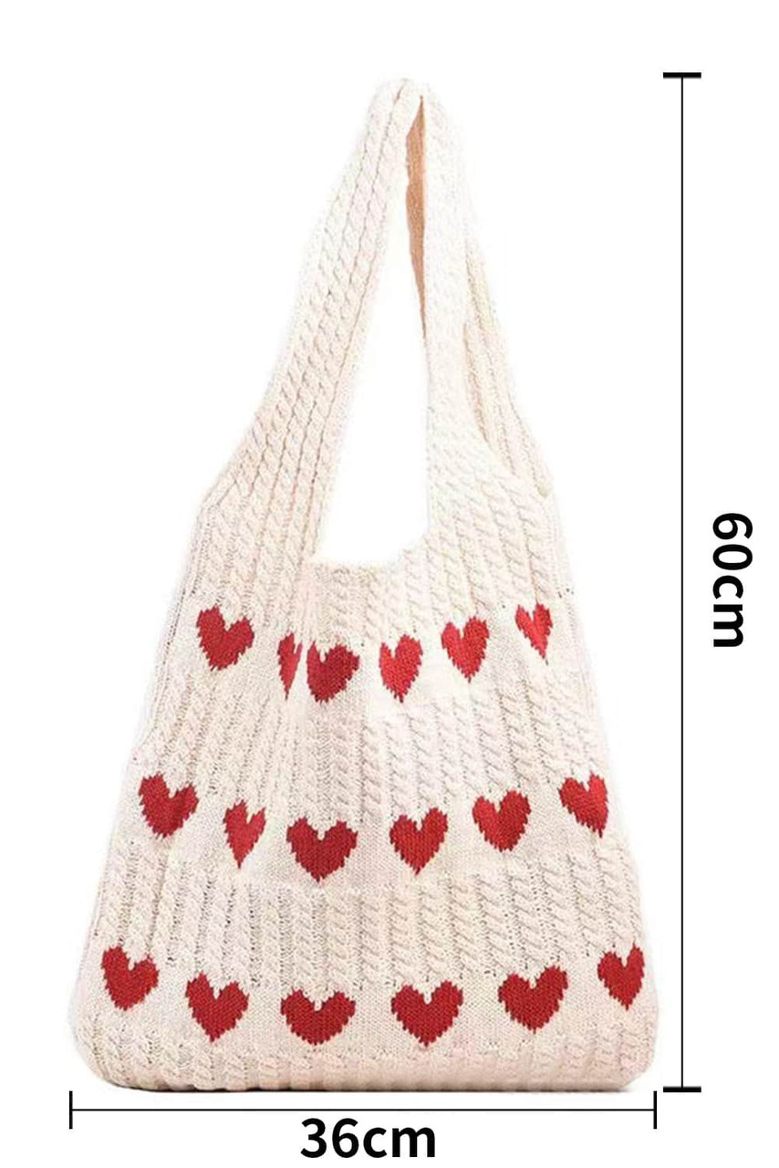 Apricot Heart Pattern Knit Large Shoulder Bag
