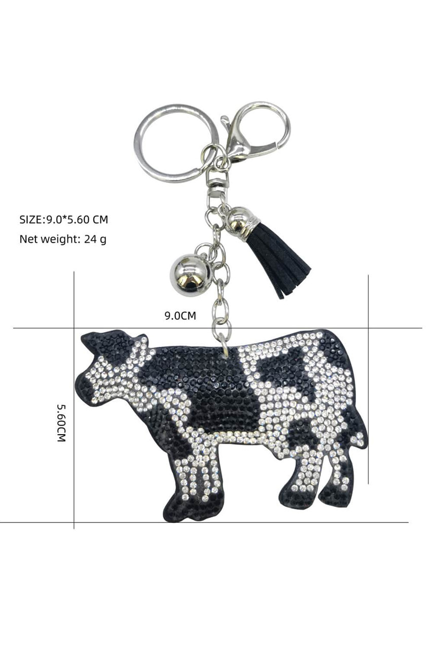 White Rhinestone Cow Pendant Tassel Key Ring