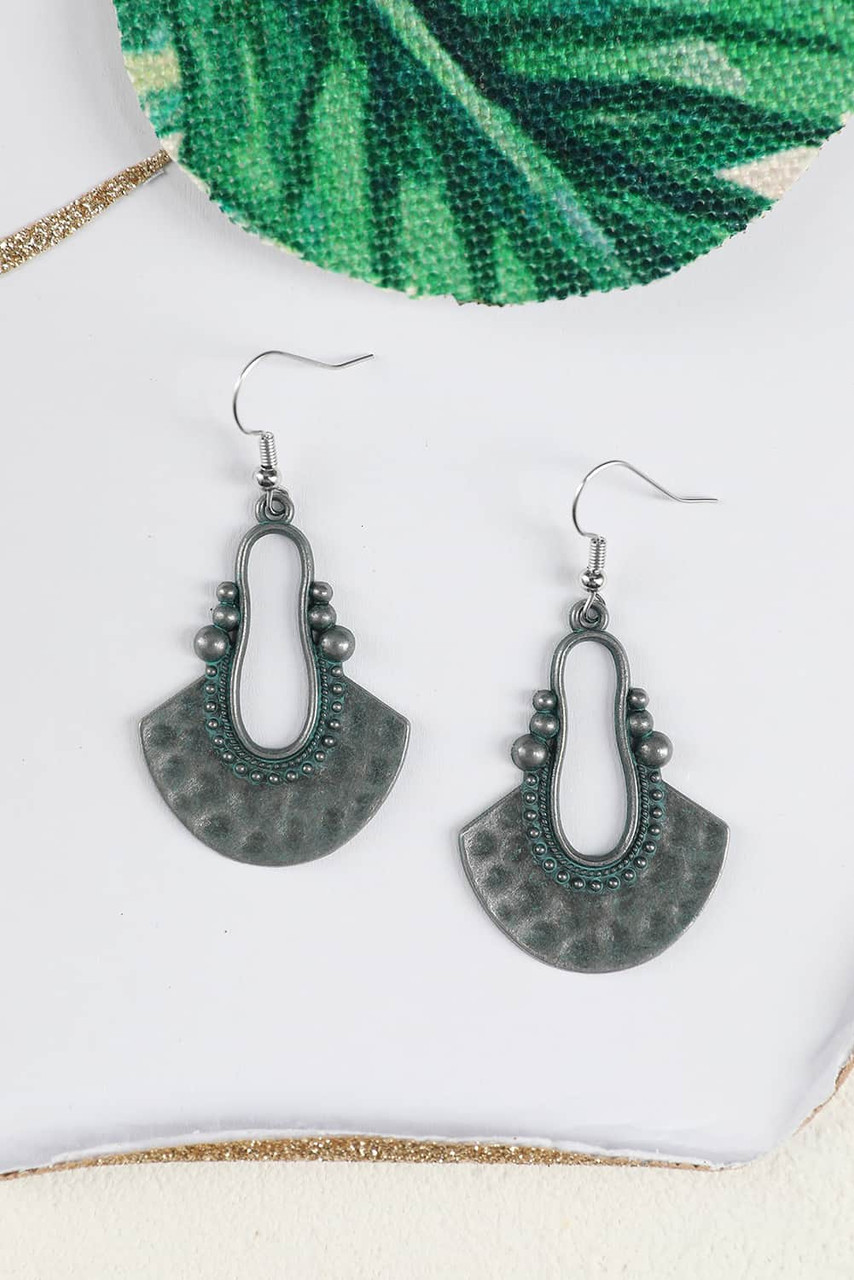 Silver Geometric Fan Shape Antiqued Dangle Earrings