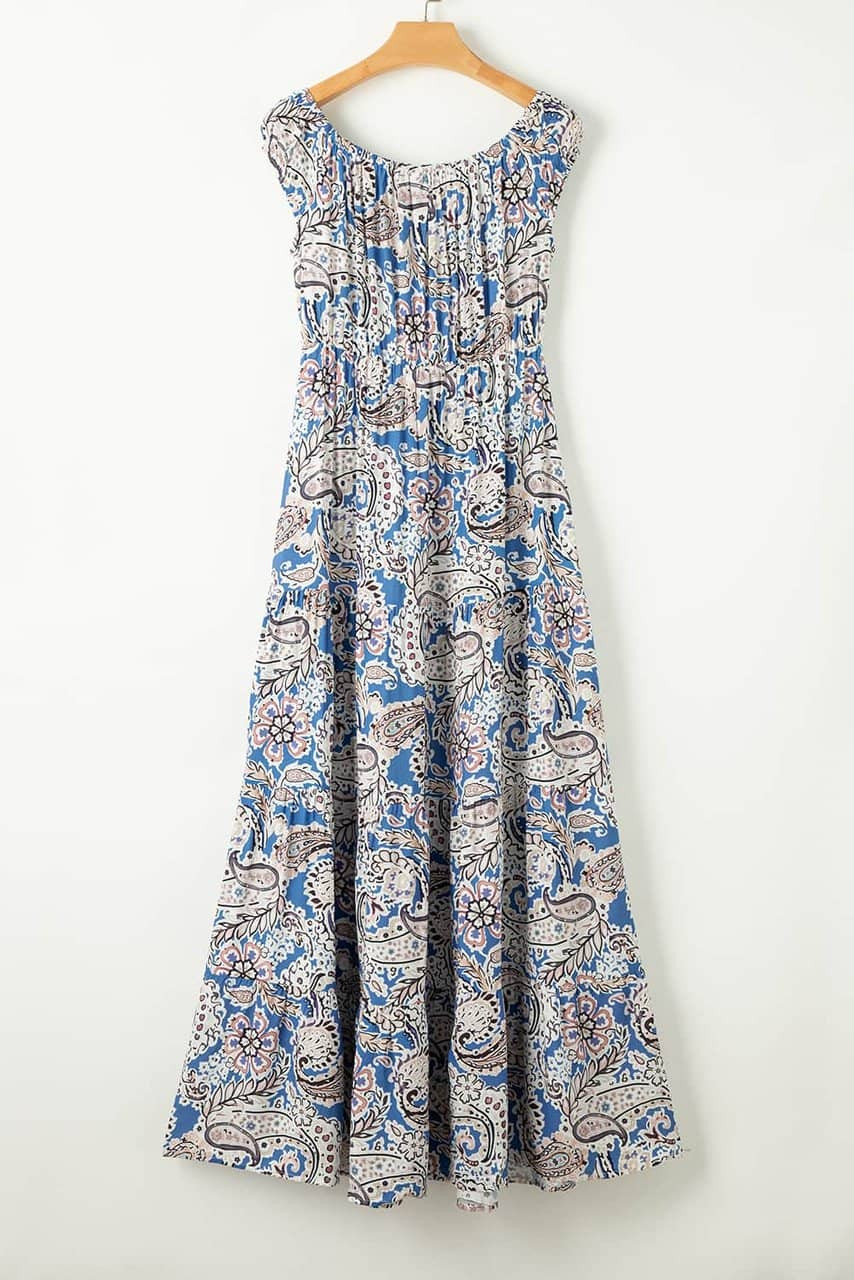 Blue Boho Paisley Print Off Shoulder Maxi Dress
