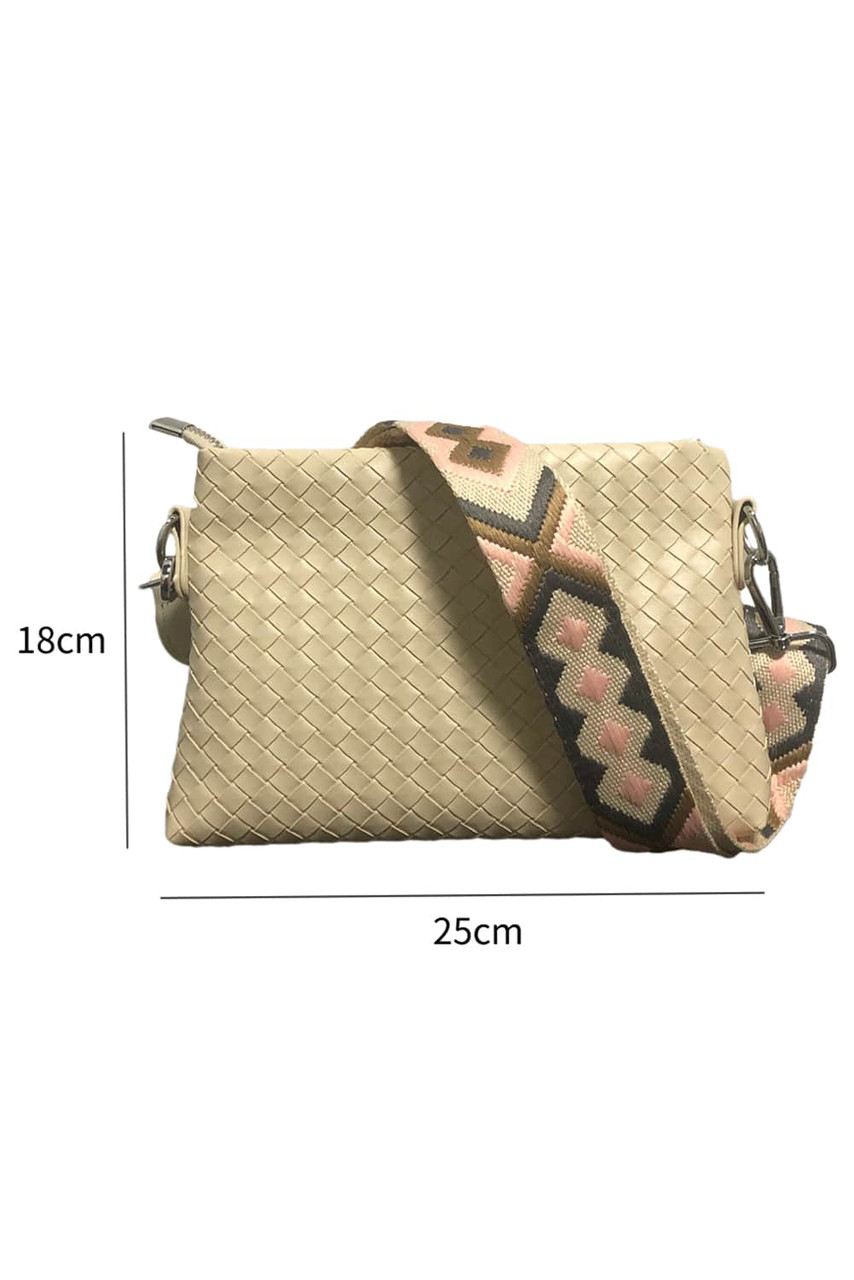 Beige Argyle Pattern Strap Woven Textured Shoulder Bag