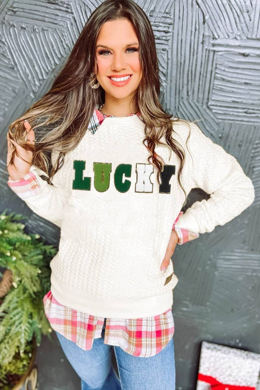 White LUCKY Chenille Embroidered Cable Knit Pullover Sweatshirt White LUCKY Chenille Embroidered Cable Knit Pullover Sweatshirt