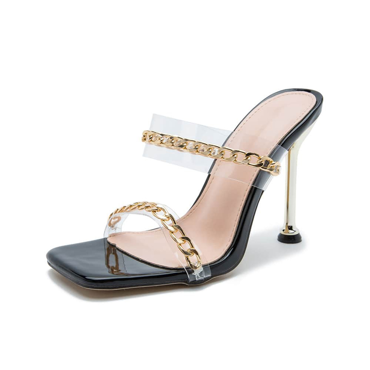 Super High-heeled Roman Sandals With Metal Plating And Square Toe Gold Chain