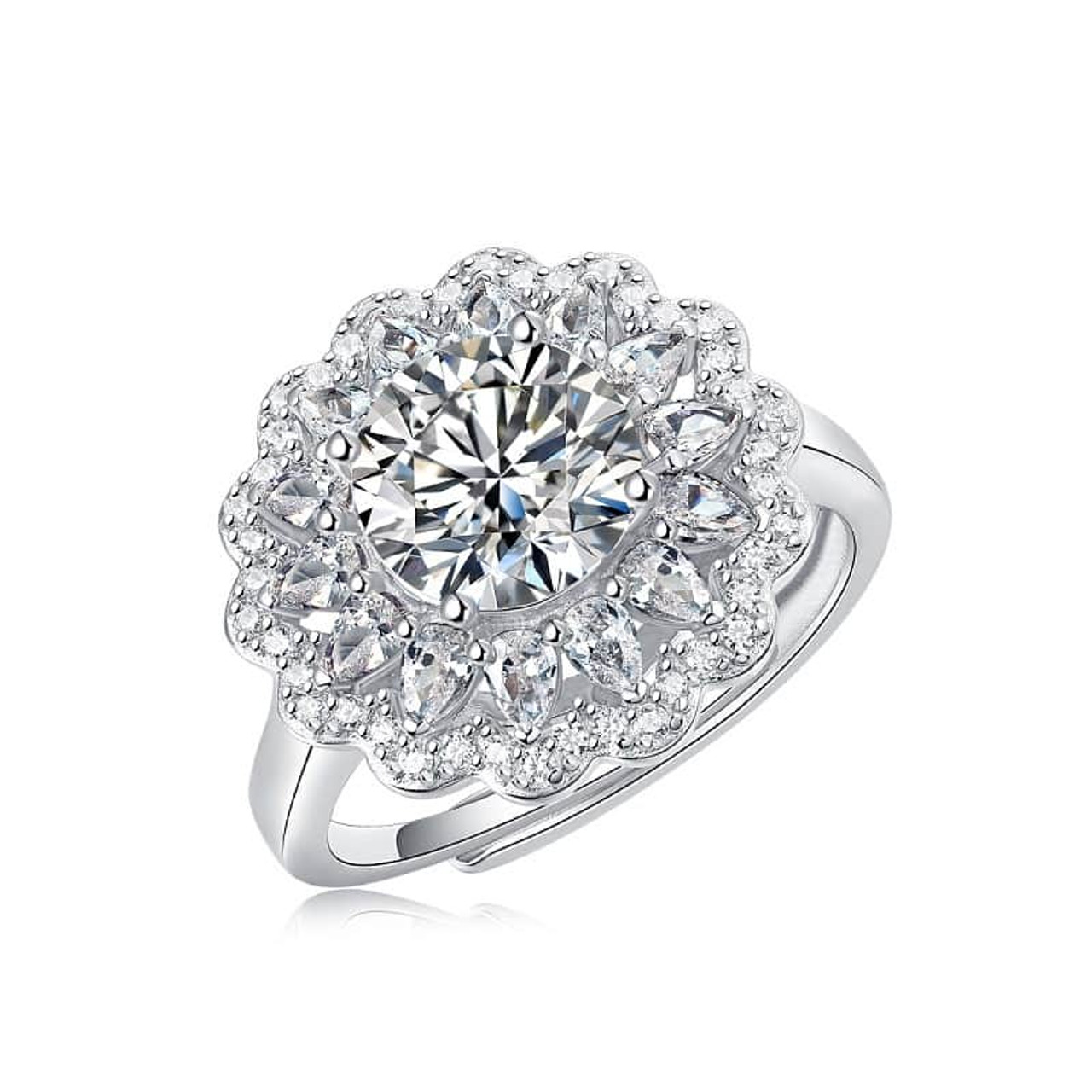 S925 Silver Moissanite Ring Flowers Women's New Trendy Ring Adjustable