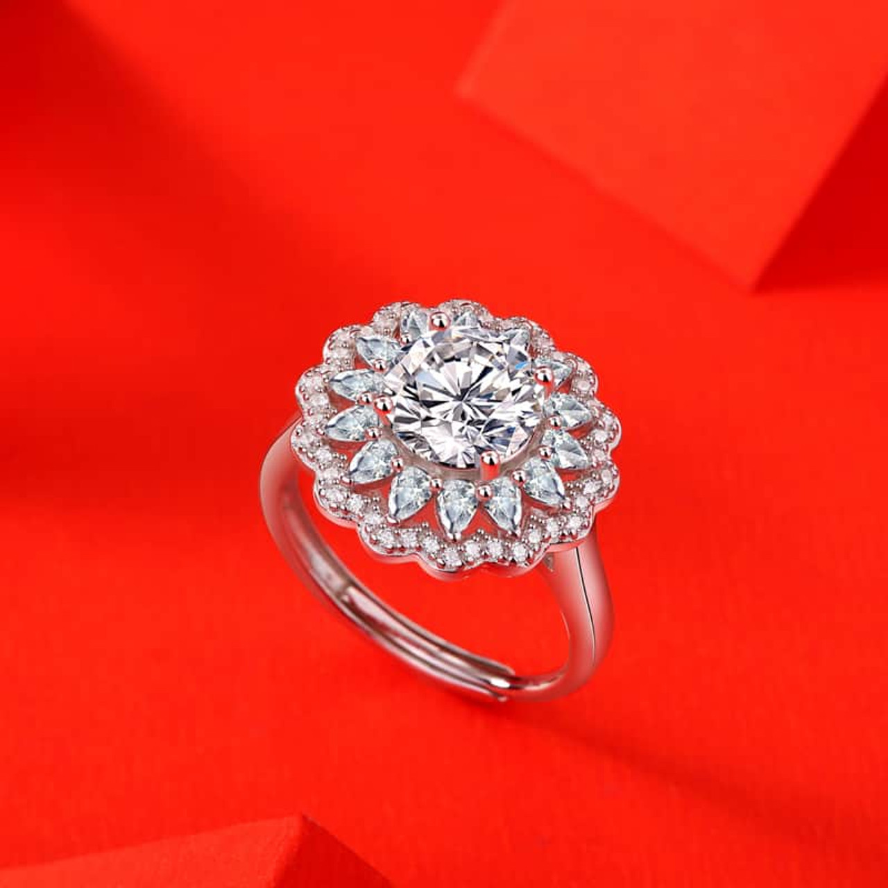 S925 Silver Moissanite Ring Flowers Women's New Trendy Ring Adjustable