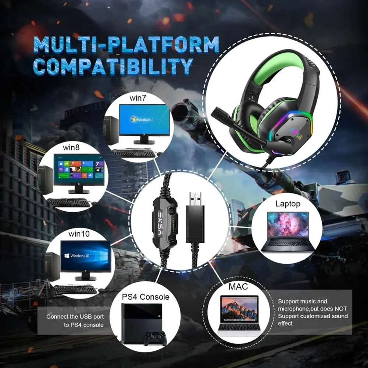 Gaming Headphones For PC/PS4/PS5 EKSA E1000 7.1 Surround RGB Gaming Headset Gamer USB