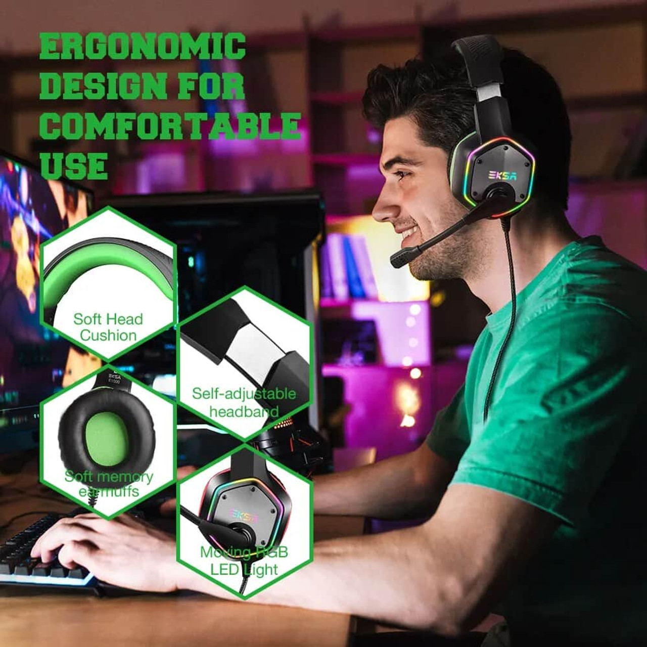 Gaming Headphones For PC/PS4/PS5 EKSA E1000 7.1 Surround RGB Gaming Headset Gamer USB