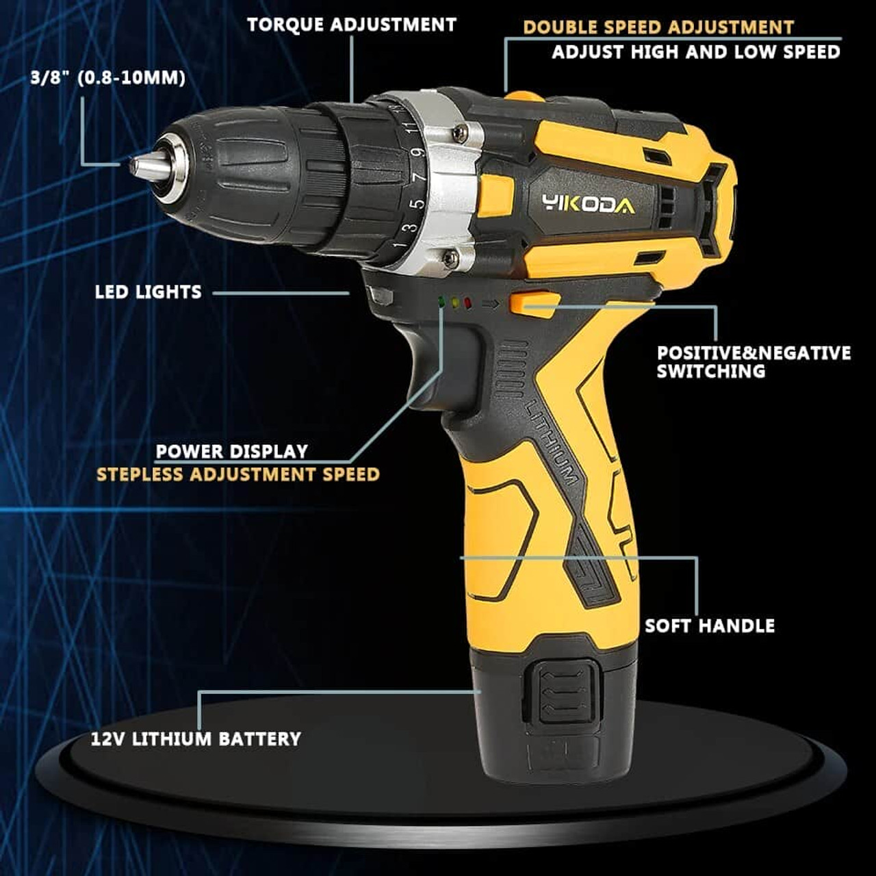 YIKODA 12/16.8/21V Cordless Drill Rechargeable Electric Screwdriver Lithium Battery Household