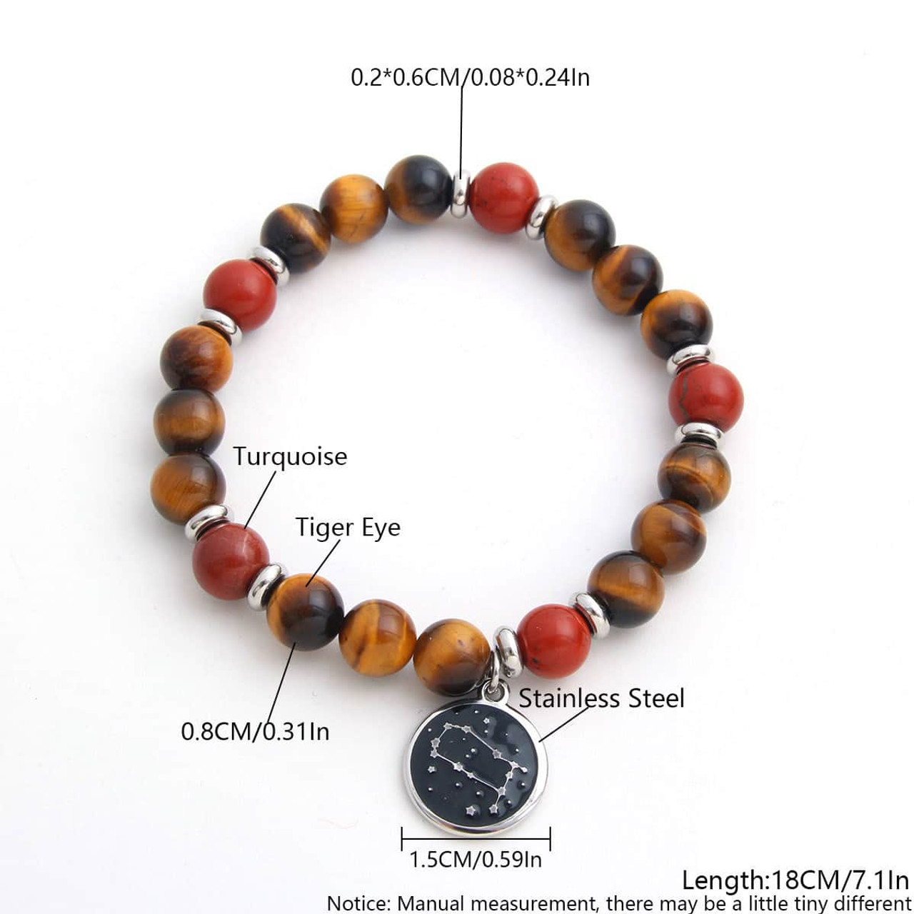 Twelve Constellation Round Stainless Steel Pendant Natural Stone Beaded Bracelet