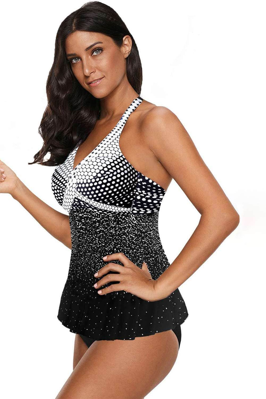 Turquoise Dot Print Halterneck Tankini Set