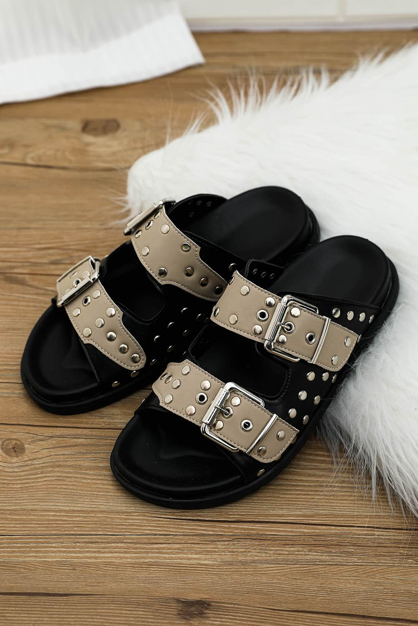 Black Retro Buckle Rivet Detail 2-tone Patched PU Slippers