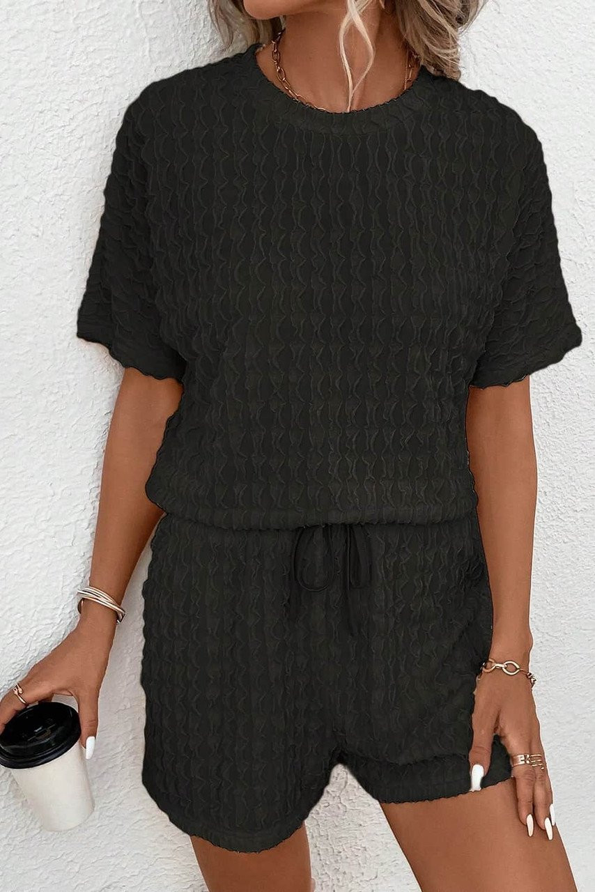 Black Frill Textured Short Sleeve Top and Drawstring Shorts Set Black Frill Textured Short Sleeve Top and Drawstring Shorts Set