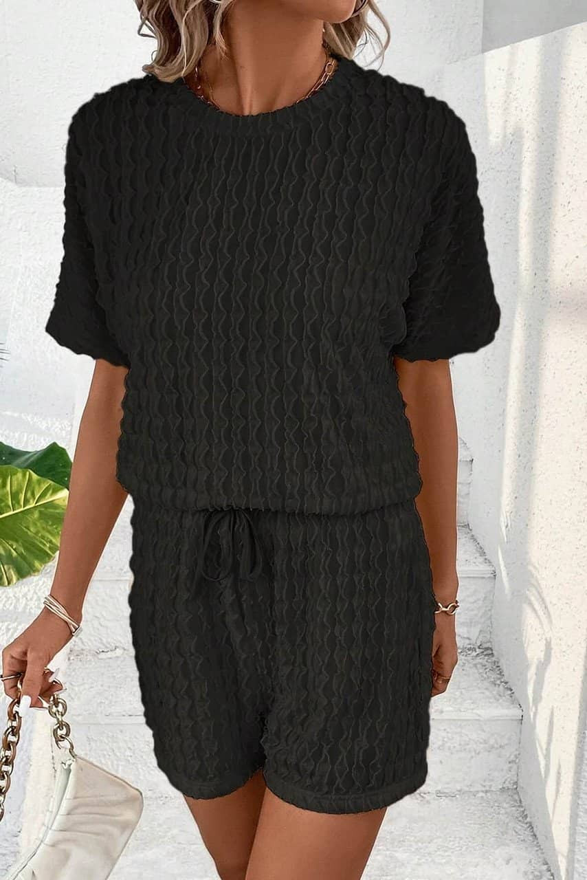 Black Frill Textured Short Sleeve Top and Drawstring Shorts Set Black Frill Textured Short Sleeve Top and Drawstring Shorts Set