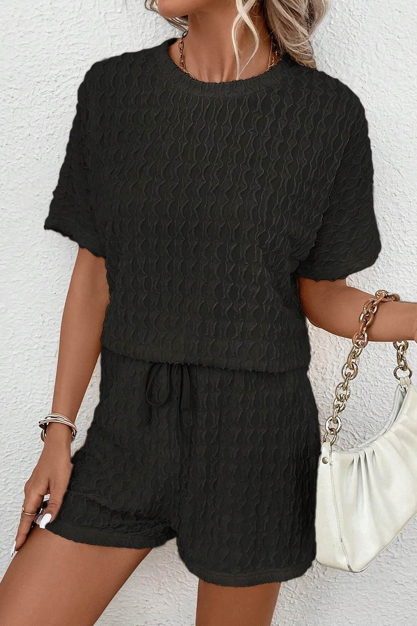 Black Frill Textured Short Sleeve Top and Drawstring Shorts Set Black Frill Textured Short Sleeve Top and Drawstring Shorts Set