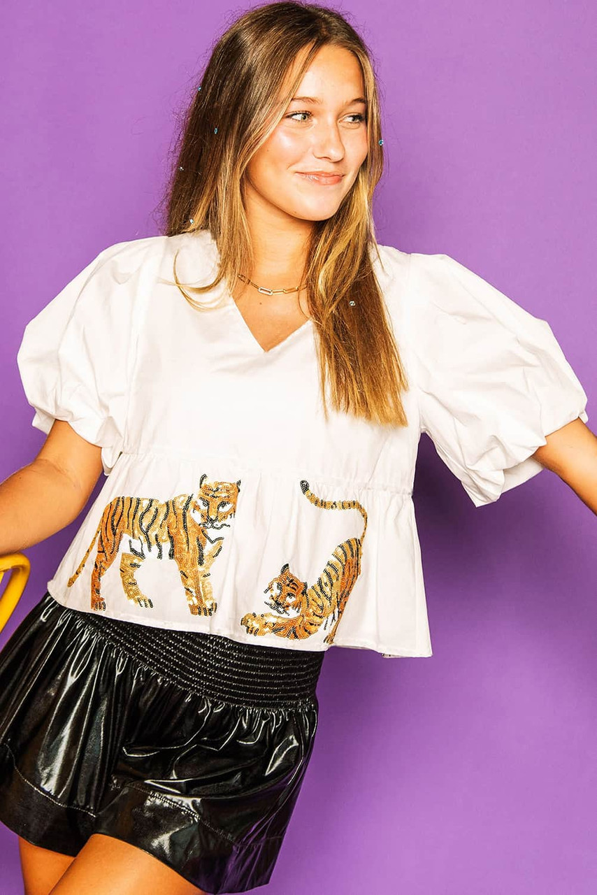 White Sequined Tiger V Neck Puff Sleeve Blouse White Sequined Tiger V Neck Puff Sleeve Blouse