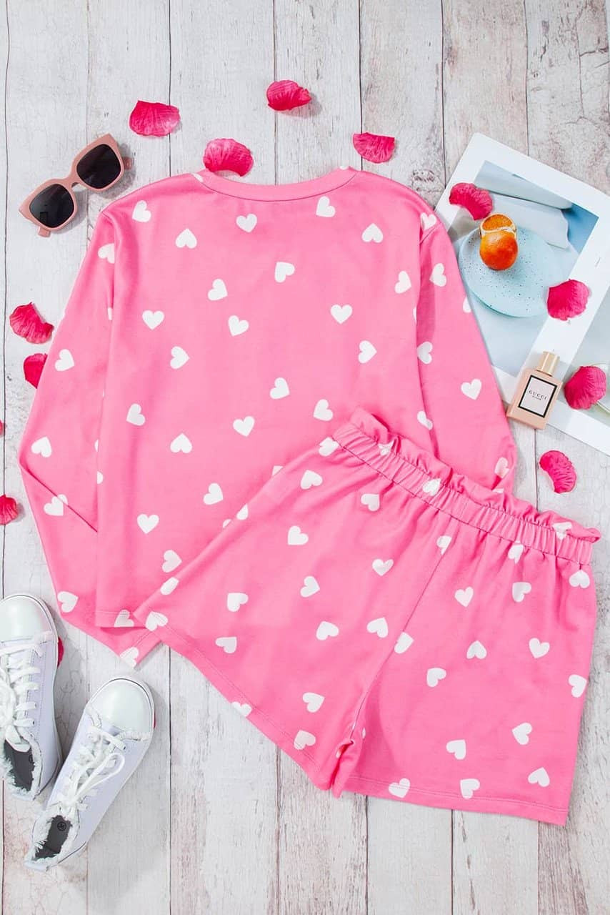 Pink Valentine Heart Print Long Sleeve Tee and Shorts Lounge Set Pink Valentine Heart Print Long Sleeve Tee and Shorts Lounge Set