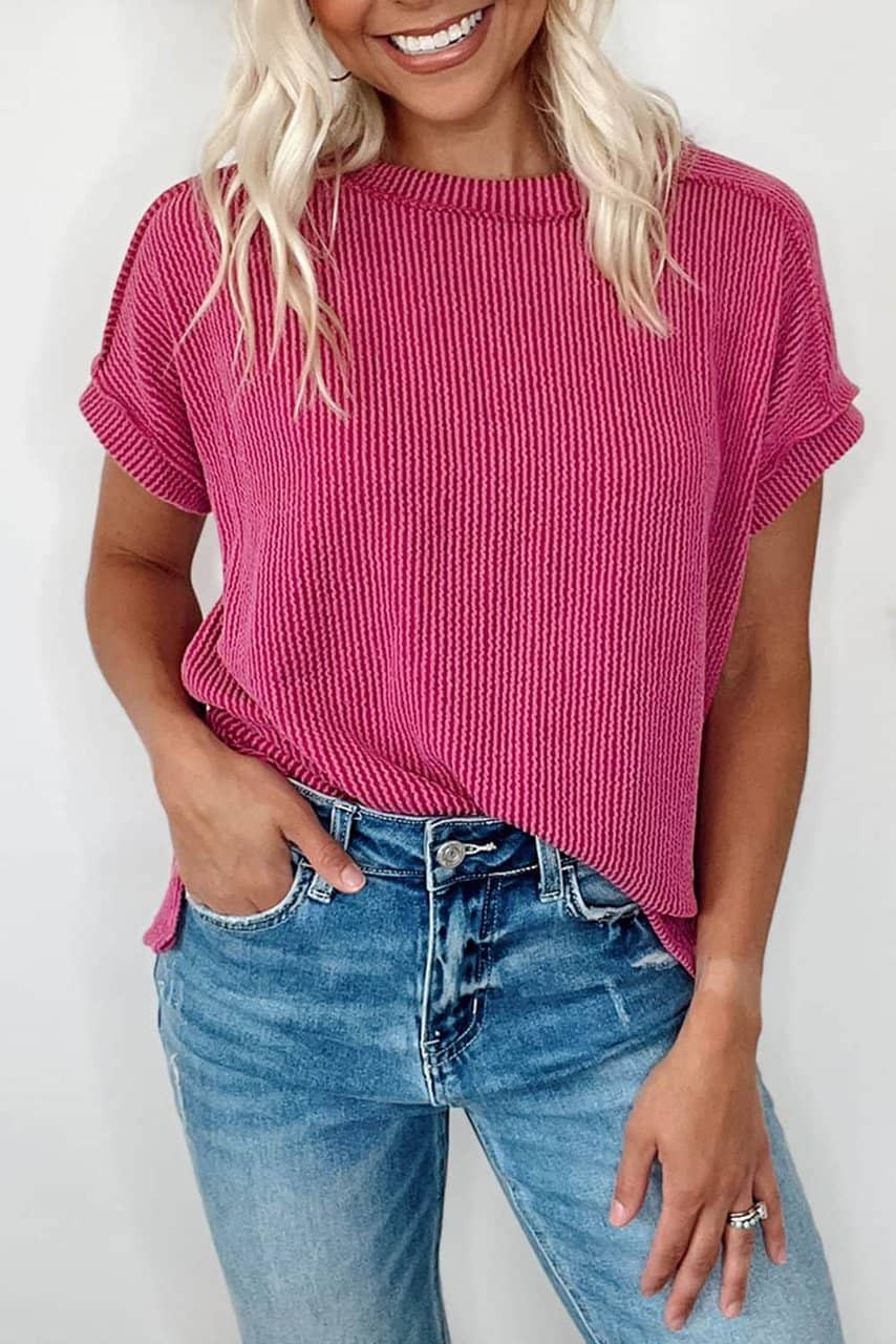 Rose Red Textured Knit Exposed Stitching T-shirt Rose Red Textured Knit Exposed Stitching T-shirt