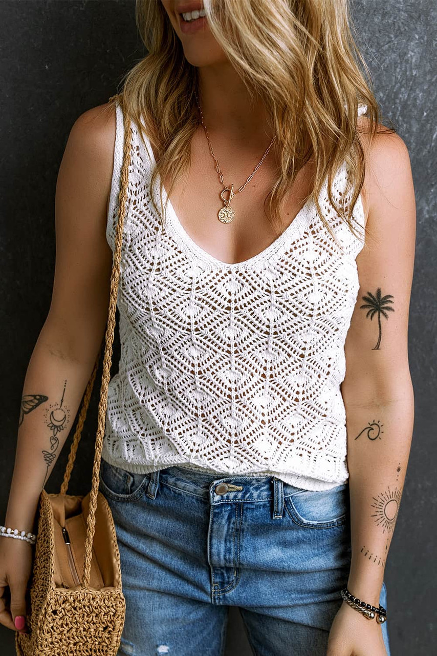 White Pointelle Crochet V Neck Knit Tank Top